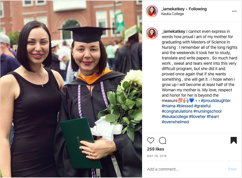 An Instagram post of Ekaterine praising her mom.