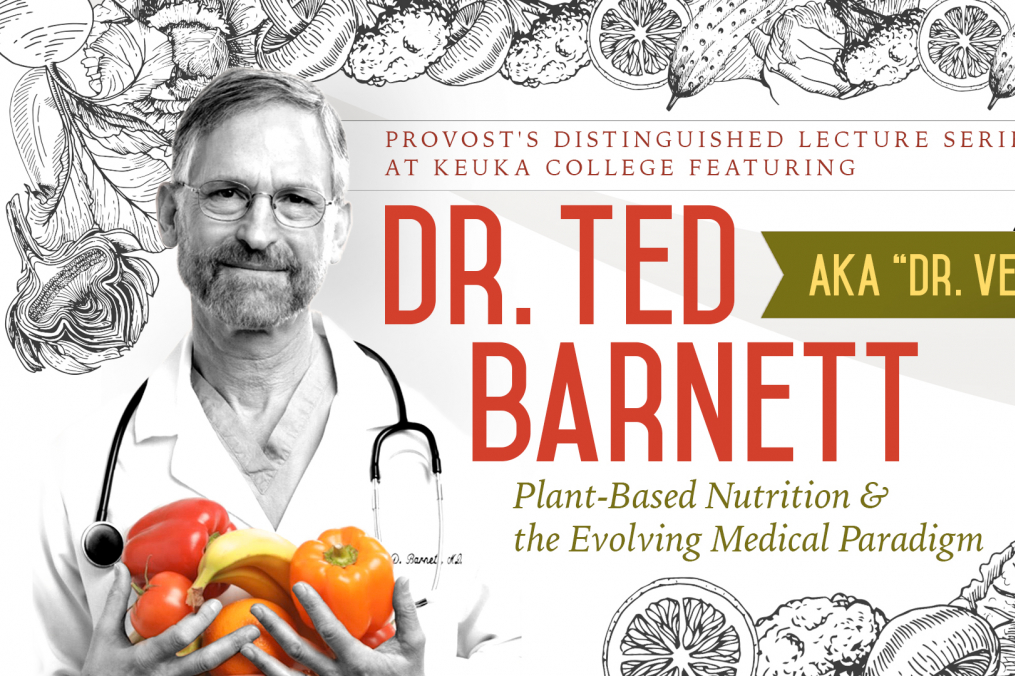 Dr. Ted Barnett holding fruits and vegetables in a graphic that says "Dr. Ted Barnett" aka dr. veggie