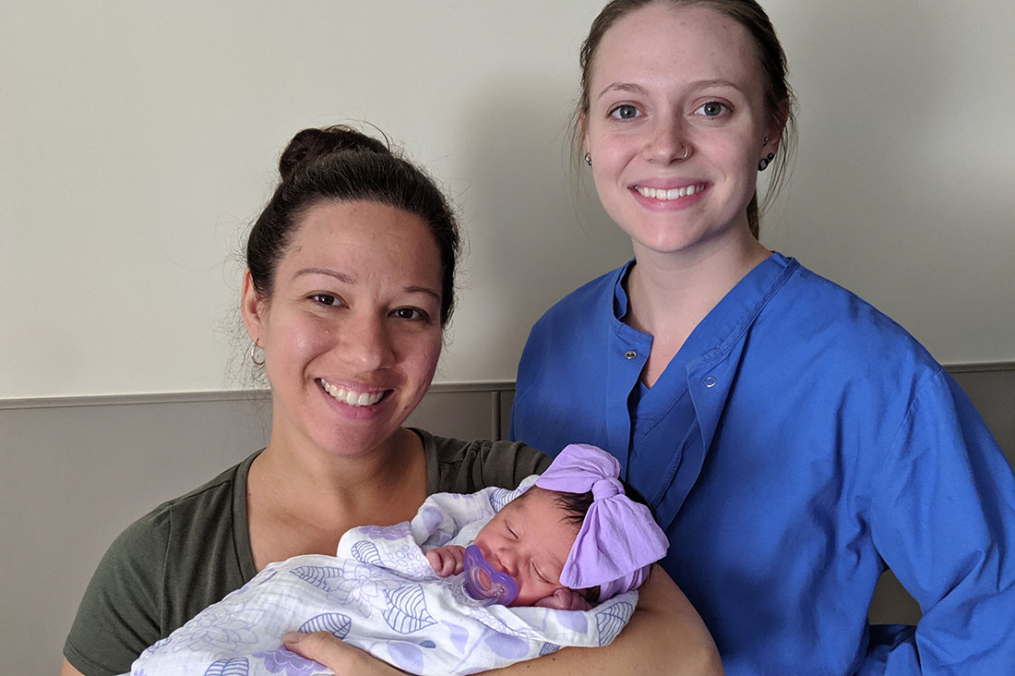 Tara Bloom, director of Keuka College’s Field Period® and Internship Program (left) met Sydne Evans '21, who was completing a Field Period® at F. F. Thompson Hospital’s Birthing Center in Canandaigua, where Tara had recently given birth to her daughter, Kira. 