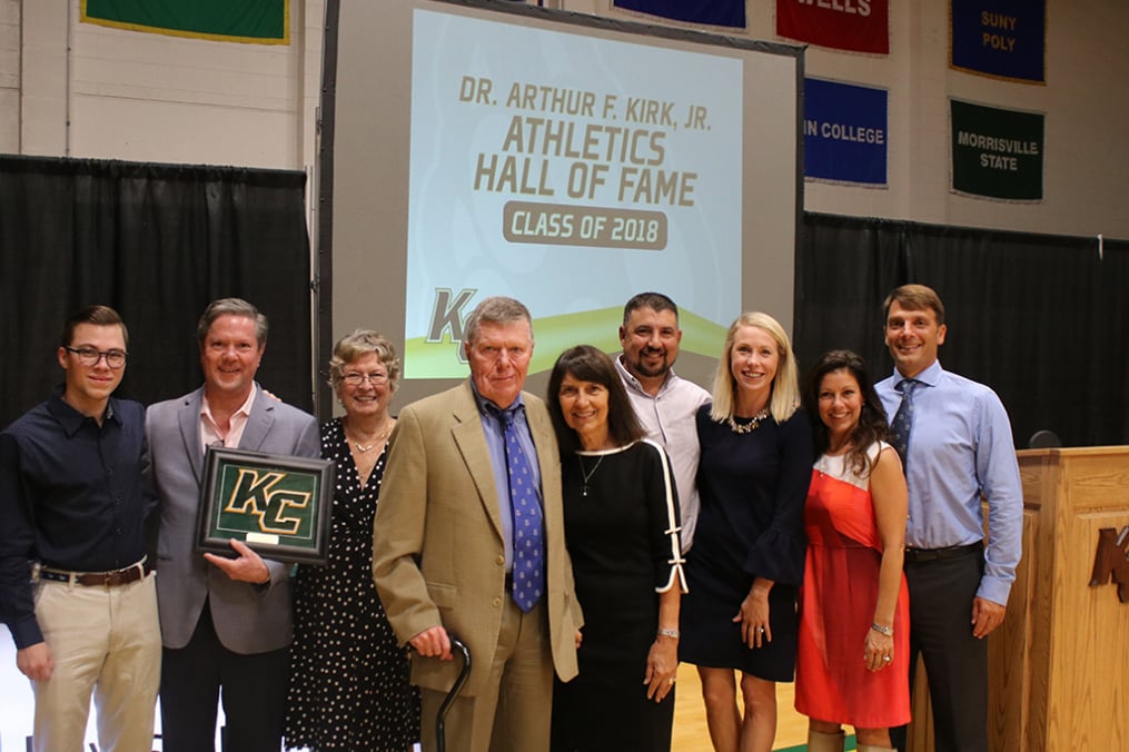 Keuka College President Emeritus Dr. Arthur F. Kirk, Jr. and his family gather at this year's Athletics Hall of Fame induction ceremony, during which the hall was renamed in honor of Dr. Kirk. 