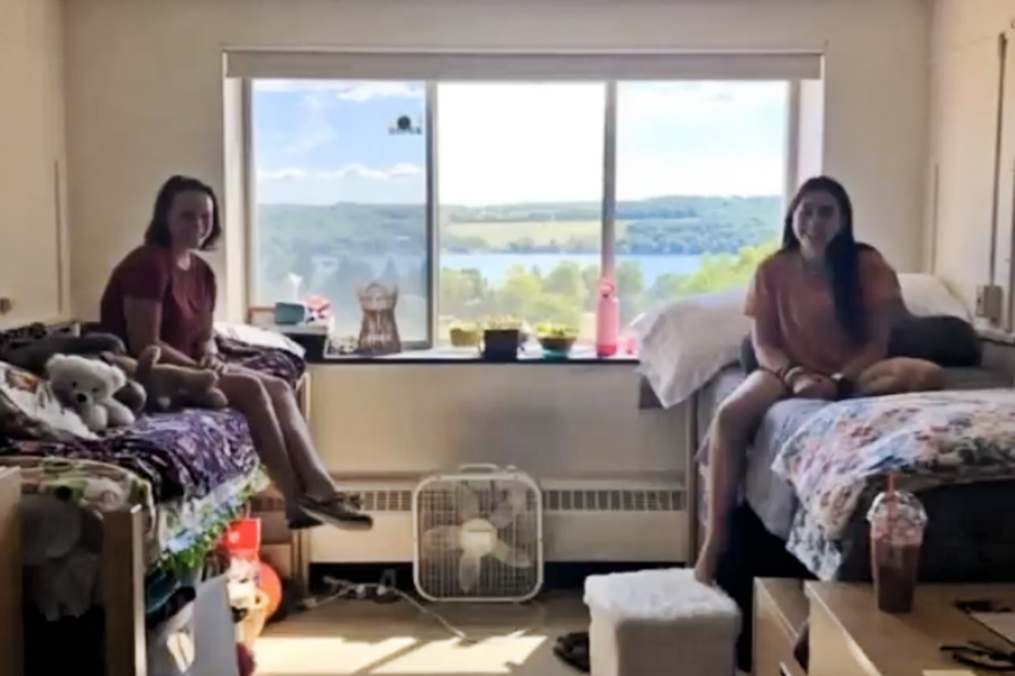 Dorm room shot with lake in the background