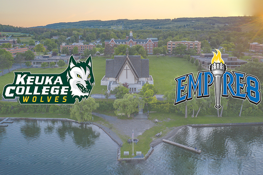 Keuka Wolves and Empire 8 Logo on an image of the College view of the point