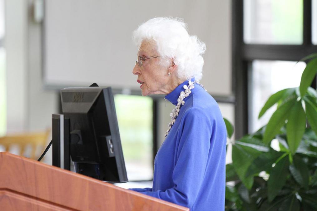 Corrine Stork speaks during the 28th annual presentation of the Stork Award. 