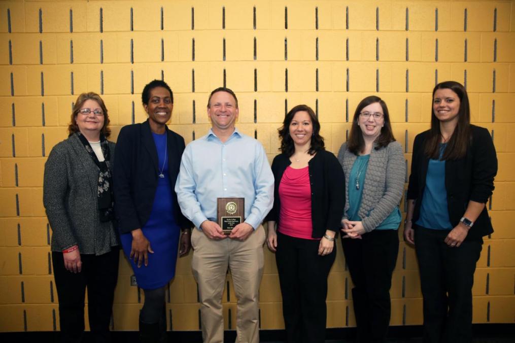 Seven supervisors were nominated for Work Study Supervisor of the Year. The nominees are, from left: BJ Hill, Lisa Thompson, Work Study Supervisor of the Year Eric Detar, Tara Bloom, Meredith Richel, and Michelle Wojnar. Missing from photo is Paulette Willemsen.