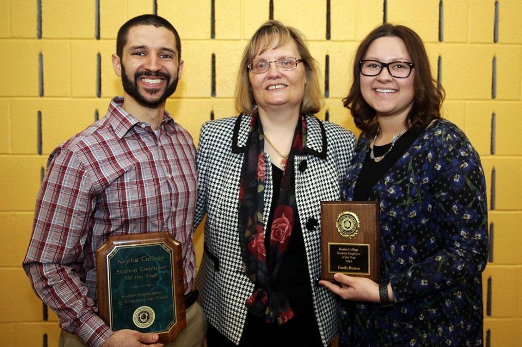 Jon Accardi (left) and Sally Daggett pose with Keuka College's 2018 Student Employee of the Year, senior Emily Bower '18.