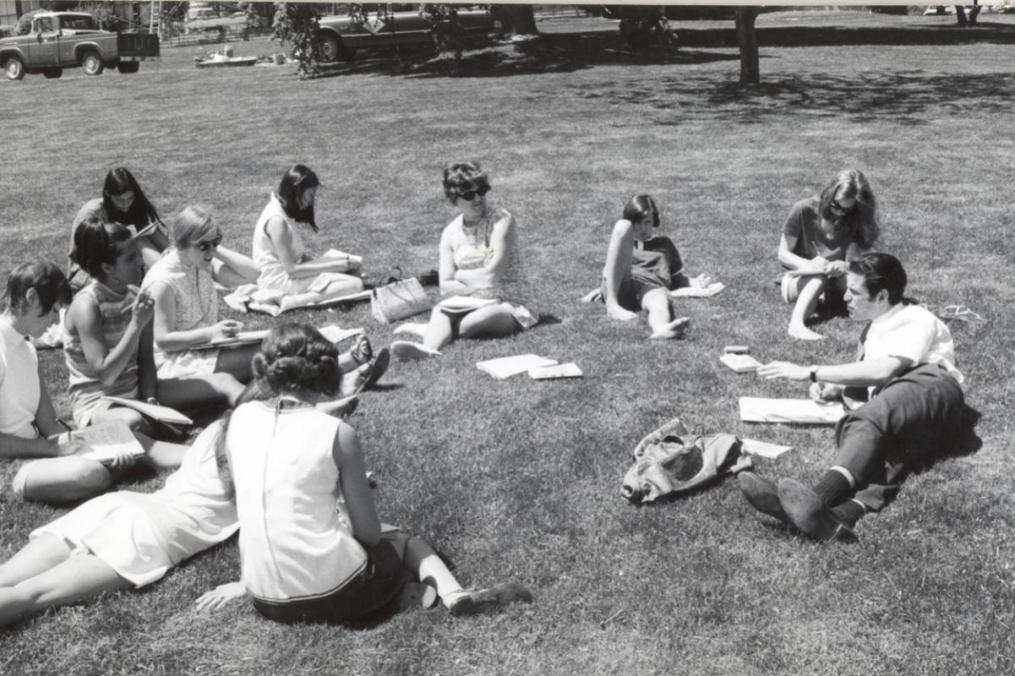 THEN: Dr. Diamond teaching a rare class outside near the old "Tin Man" water tower. "You lose their attention almost immediately," he says, explaining why this may also have been his last class outside. 