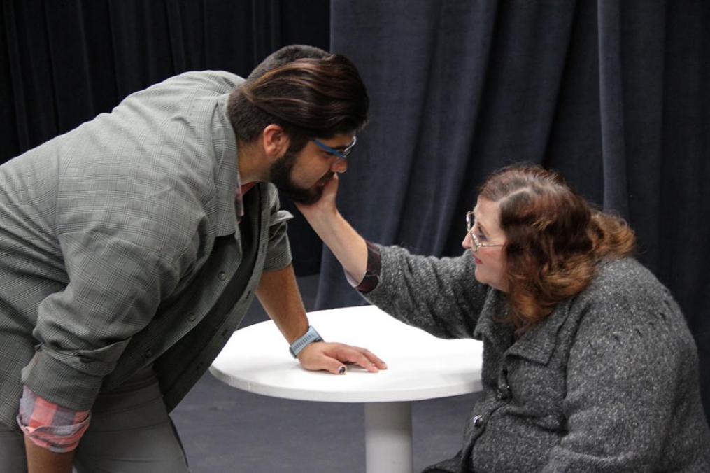 Keuka College's fall theatrical production is The Great God Pan. Above, Arty Couch '23 (l) and Eileen Lynch Farrar rehearse a scene. 