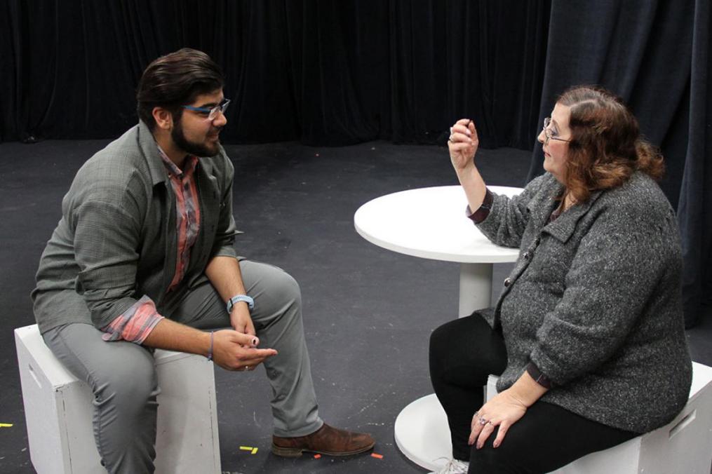 Keuka College's fall theatrical production is The Great God Pan. Above, Arty Couch '23 (l) and Eileen Lynch Farrar rehearse a scene. 