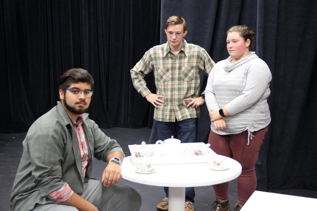 From left. Arty Couch '23, Jonathan Granger '23, and Tiffany Brugge '23 rehearse a scene from The Great God Pan, Keuka College's fall theatrical production.