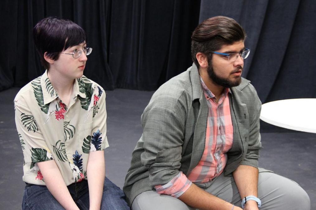 Elias Moses-Westphal '23 (l) and Arty Couch '23 rehearse a scene from The Great God Pan, Keuka College's fall theatrical production. (