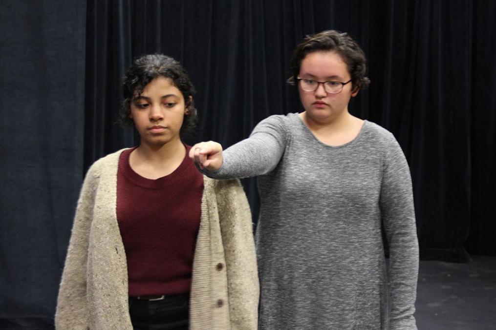 Shannon Arroyo '23 (l) and Lilli Follette '23 rehearse a scene from The Great God Pan, Keuka College's fall theatrical production.