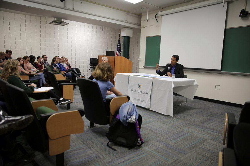 Interfaith Youth Core founder and President Eboo Patel takes questions from Keuka College students Friday, May 5, 2017, prior to delivering the 29th Annual Carl and Fanny Fribolin Lecture.