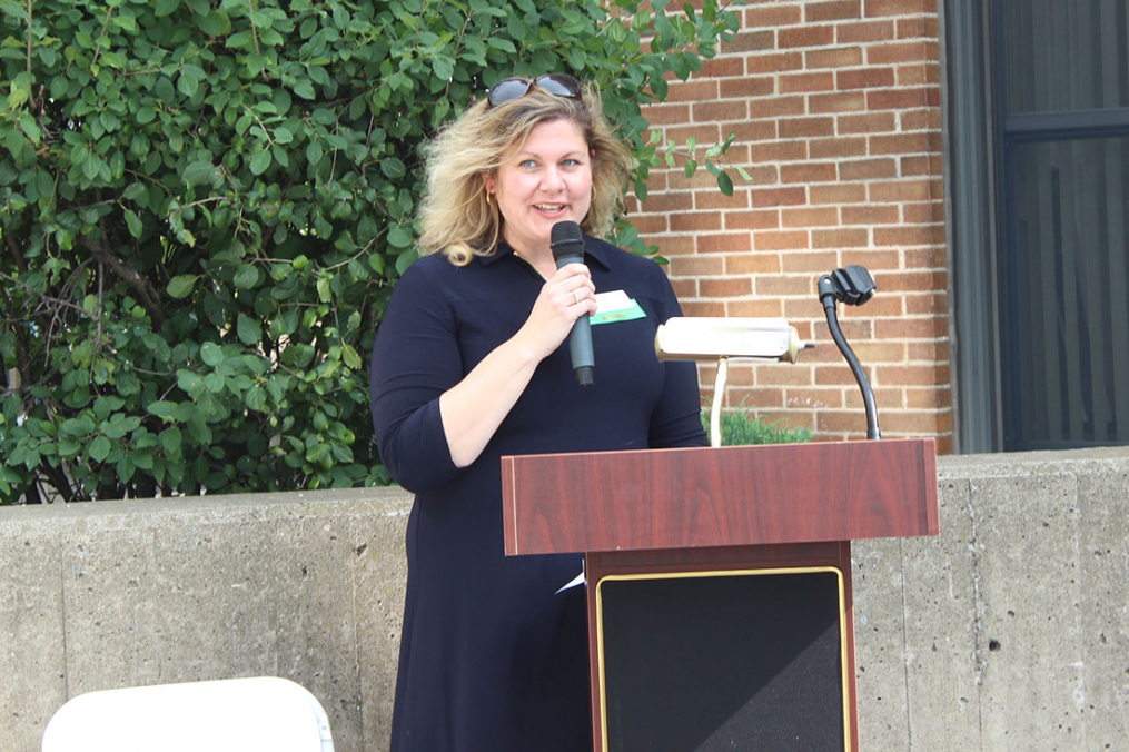 Division Chair of Nursing Dr. Beth Russo speaks to the crowd during the unveiling of the program's new labs in Harrington Hall on Saturday, Sept. 28. 