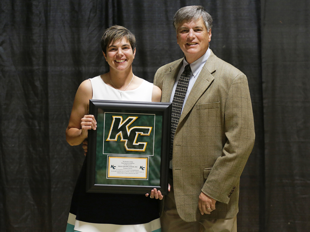 Dr. Arthur F. Kirk, Jr. Athletics Hall of Fame inductee Missy Burngasser Joy '03, left, poses with Keuka College Athletics Director Dave Sweet at the Hall of Fame Induction & Dinner Friday night. 