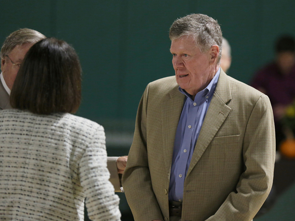 Dr. Arthur F. Kirk, Jr., Keuka College's 16th president, speaks with guests at the Athletics Hall of Fame Induction & Dinner Friday night.