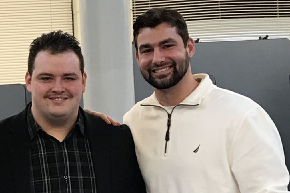 Dalton Letta (left) and Joe Maier '16 M'17 became friends in high school, and now share their story, "No One Eats Lunch Alone," with students and teachers across the Rochester, N.Y. area.