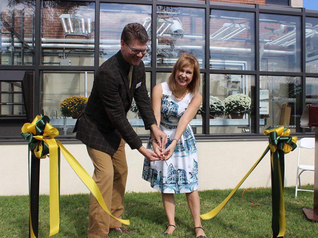 Chair of the Division of Natural Sciences and Mathematics Dr. Mark Sugalski and Keuka College President Amy Storey cut the ribbon on the new Greenhouse at the Jephson Science Center on Saturday, Sept. 28. 