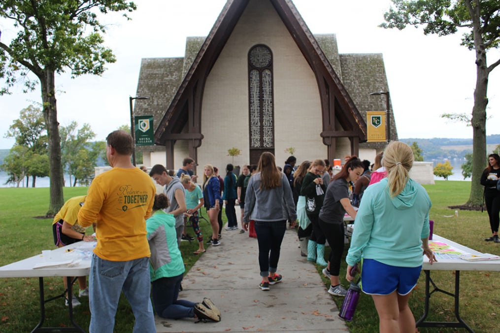 During One Walk 2017, students gather near Norton Chapel where a variety of activities took place before the walk.