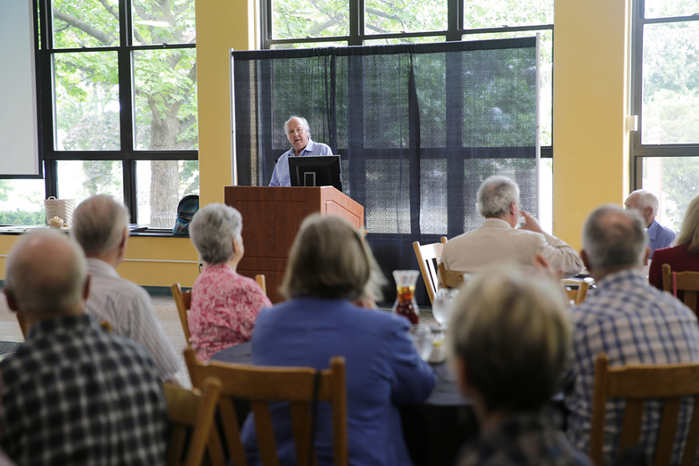 G. Peter Jemison, historic site manager for the Ganondagan Seneca Art & Culter Center in Victor, speaks Wednesday, June 20, in Keuka College’s Geiser Dining Commons. 