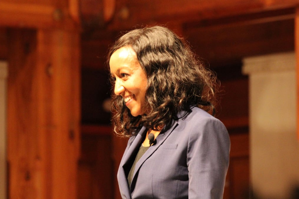A member of the "The Defamation Experience" answers questions after the performance.
