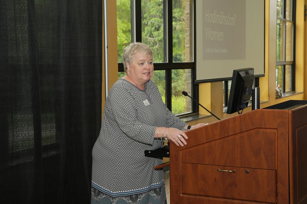 Keuka College Director of Community Relations and Events Kathy Waye says a few words about the connections between the College and the community during the community luncheon.