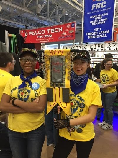 Kayle Watson, left, and Jacquelin Chen, members of the FIRST Robotics Team at Notre Dame High School in Elmira -- known as Electric Fire -- fly their team colors at the Finger Lakes Regional FIRST Robotics competition in Rochester.